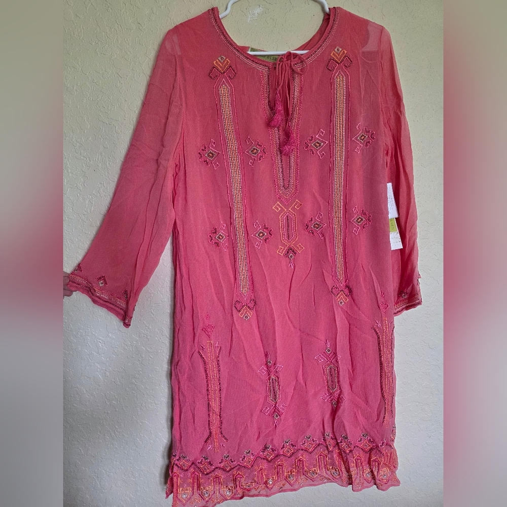 Sigrid Olsen Pink Sundress with Bishop Sleeves and Crew Neck